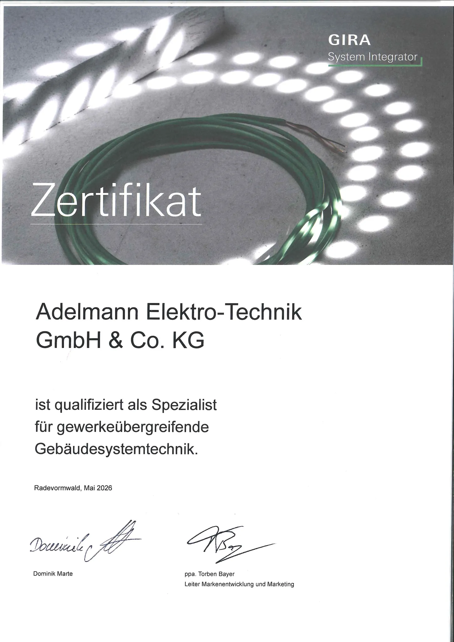GIRA Systemintegrator Zertifikat für Adelmann Elektro-Technik