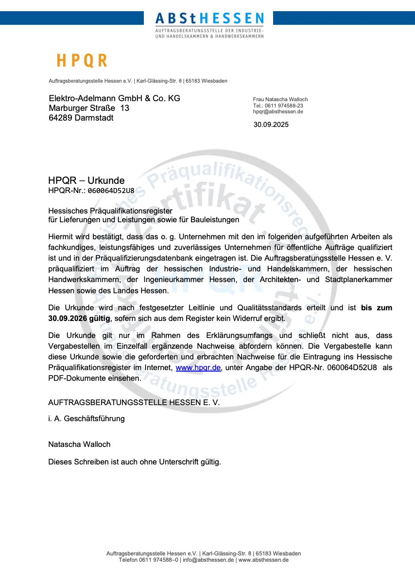 HPQR Zertifikat der ABSt Hessen für Elektro-Adelmann